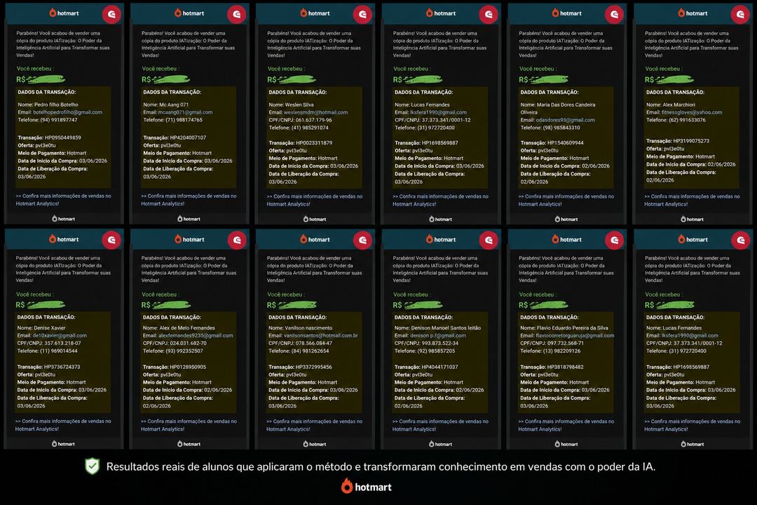 Comprovantes de vendas reais via Hotmart — 12 transações aprovadas em junho/2026